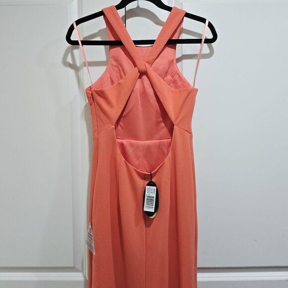 BARIANO - S Coral Front Slit Open Back Sleeveless Full Length Dress Gown - Picture 5 of 7